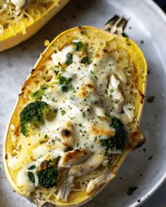 Cheesy Chicken and Broccoli Stuffed Spaghetti Squash Recipe