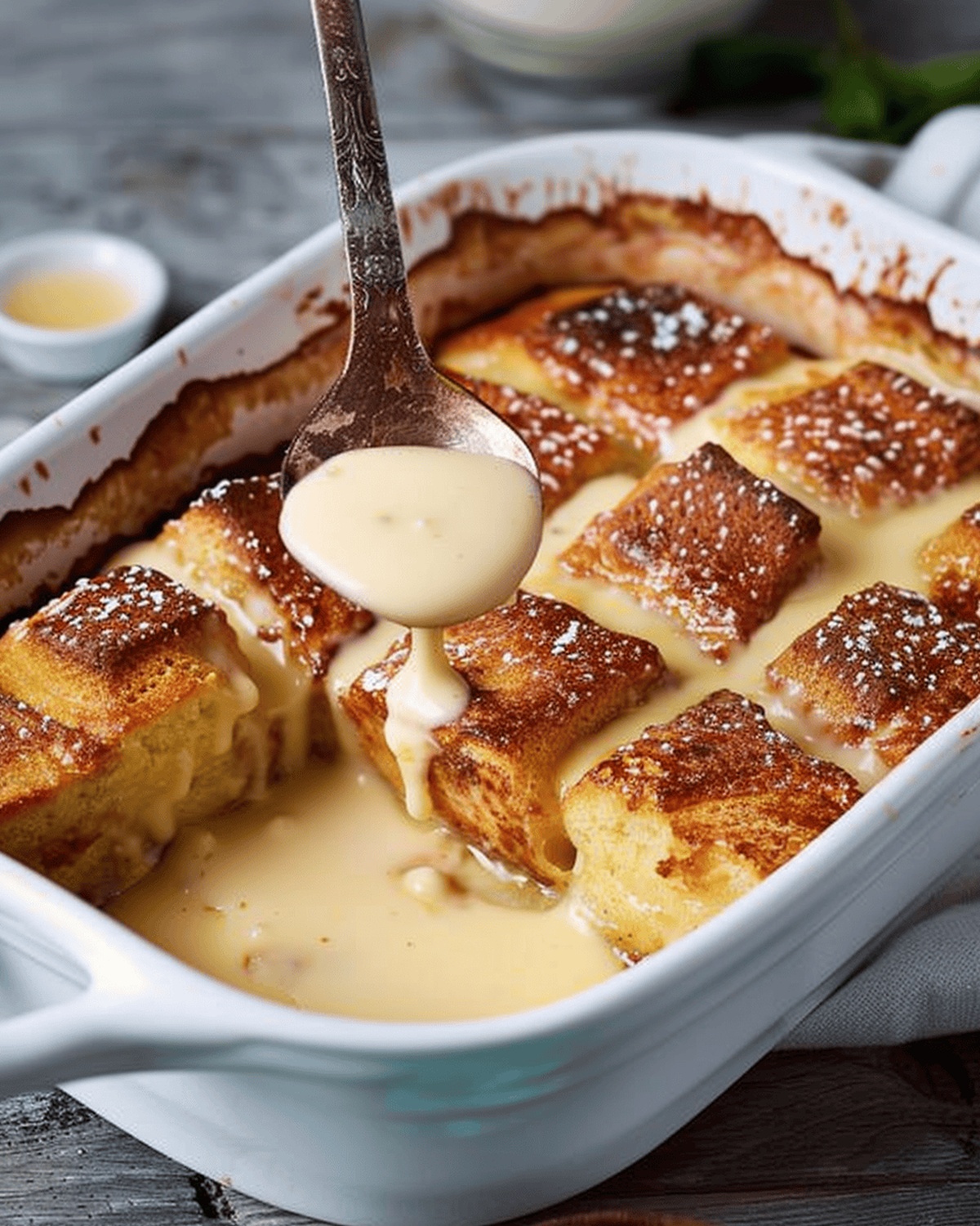 Luscious Bread Pudding in Casserole with Vanilla Sauce Recipe