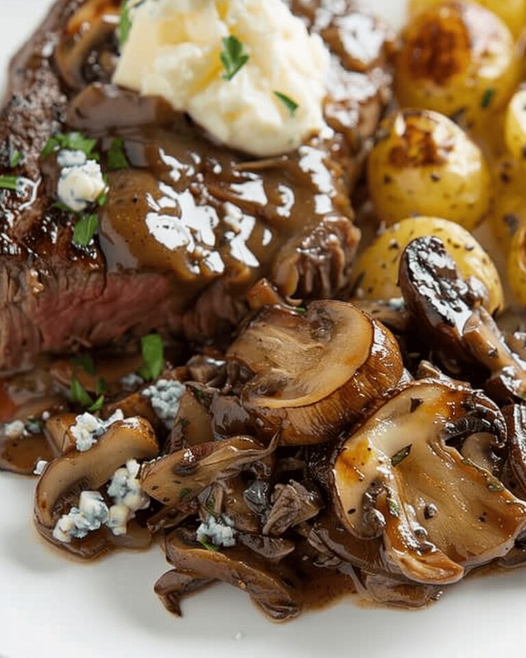Steak with Drunken Mushrooms & Roasted Blue Cheese Potatoes Recipe