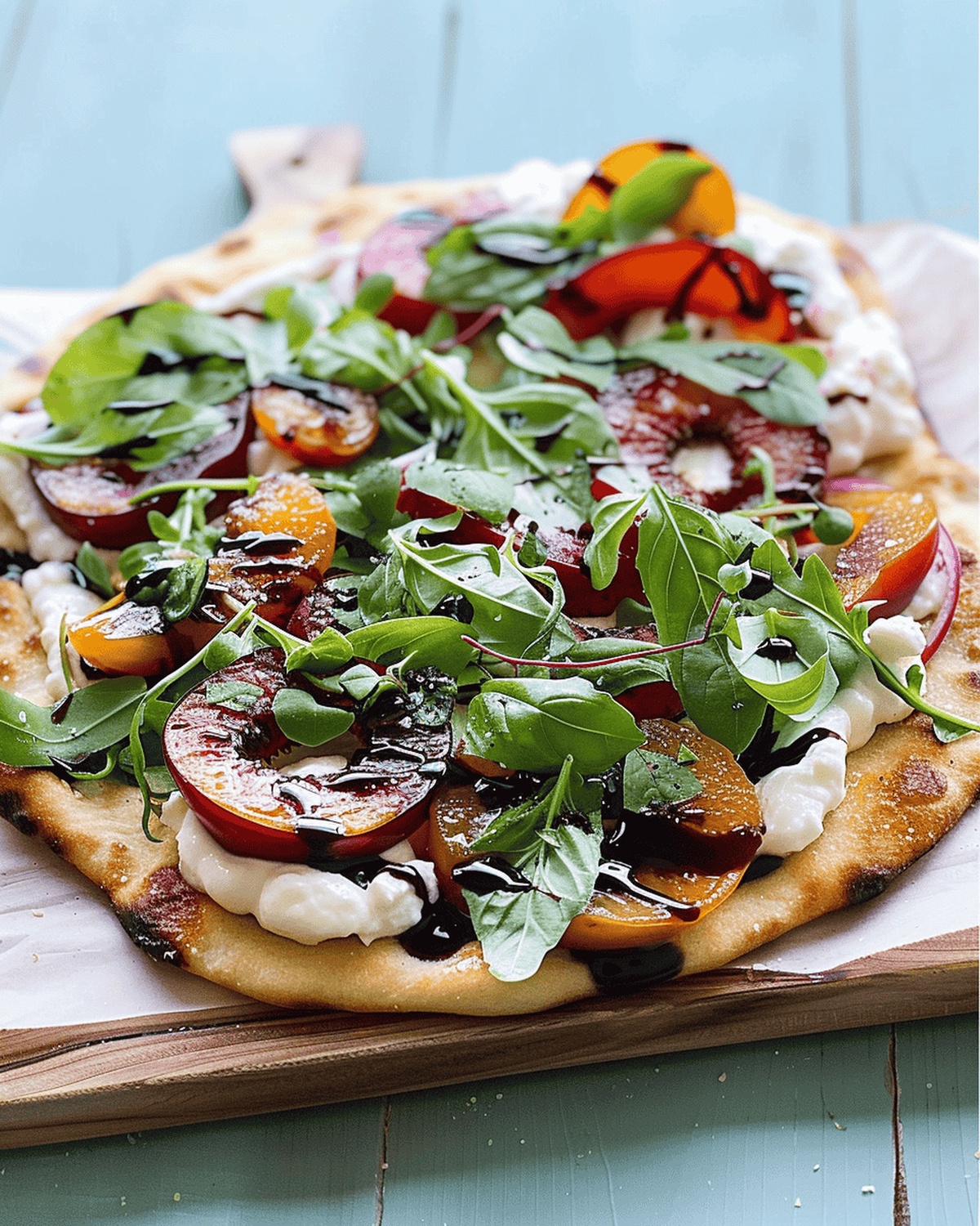 Plum & Burrata Flatbread with Balsamic and Arugula Recipe
