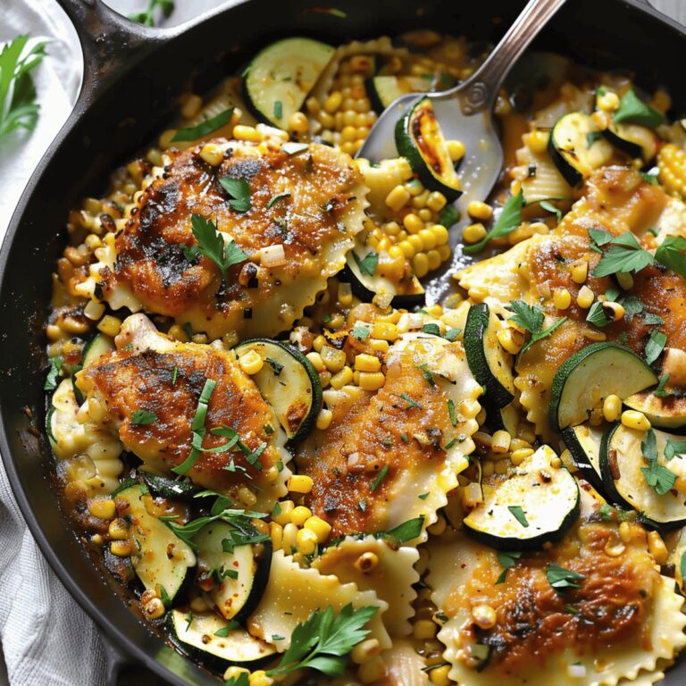 Garlic Butter Chicken With Zucchini, Corn, And Ravioli Recipe